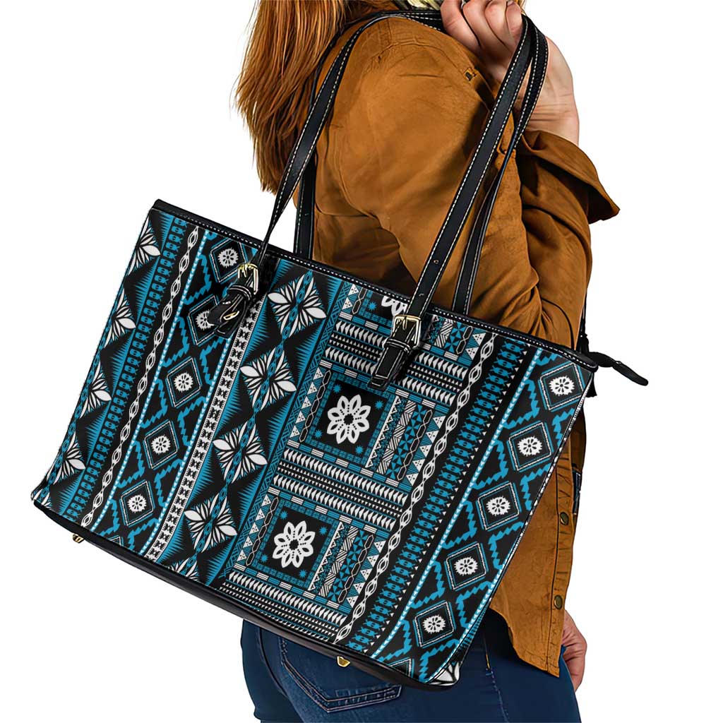 Fiji Masi Tapa Pattern Blue Leather Tote Bag - Polynesian Pride