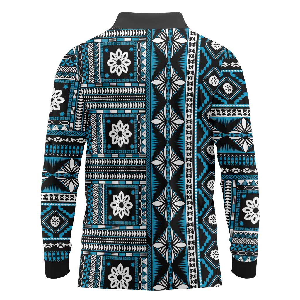Fiji Masi Tapa Pattern Blue Long Sleeve Polo Shirt - Polynesian Pride
