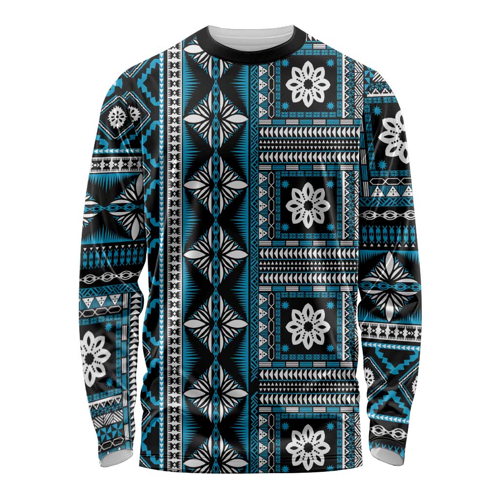 Fiji Masi Tapa Pattern Blue Long Sleeve Shirt - Polynesian Pride