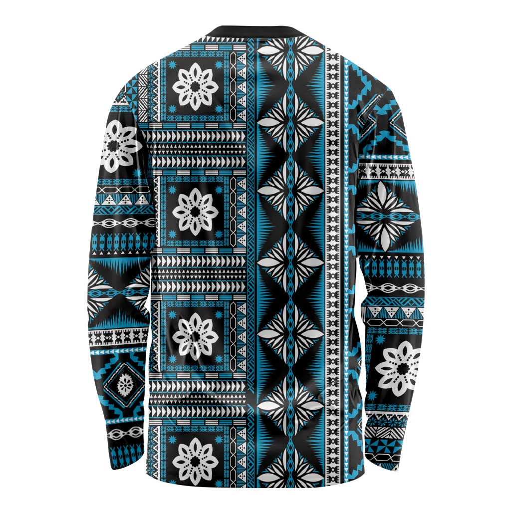 Fiji Masi Tapa Pattern Blue Long Sleeve Shirt - Polynesian Pride