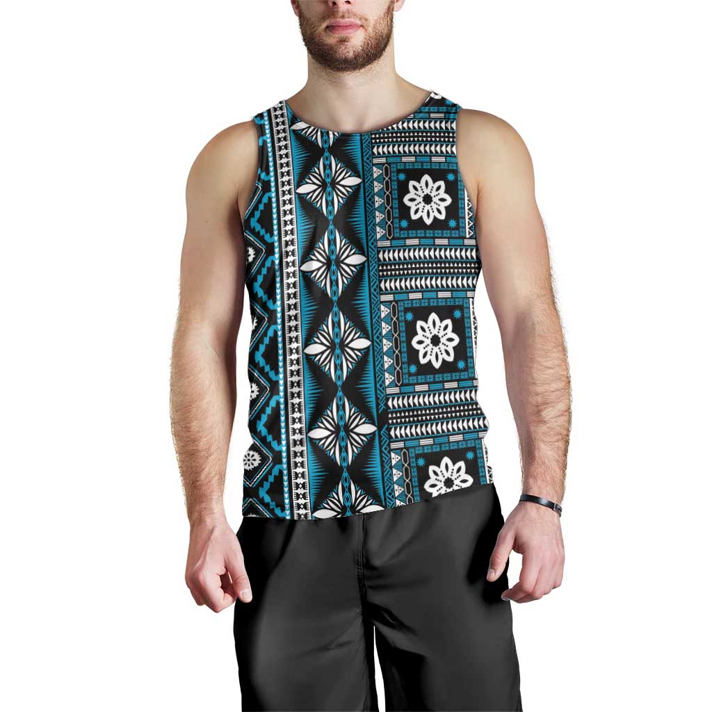 Fiji Masi Tapa Pattern Blue Men Tank Top - Polynesian Pride