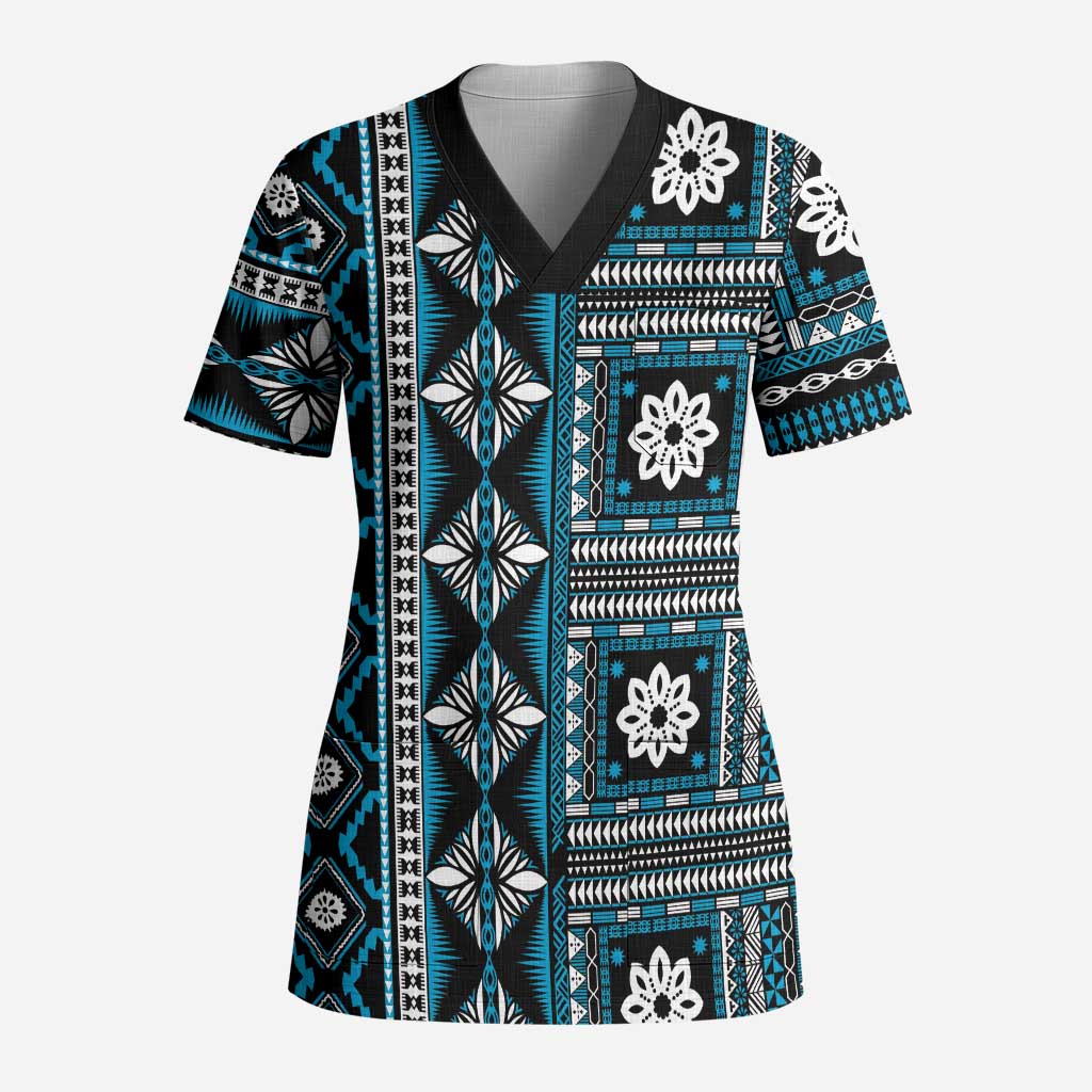 Fiji Masi Tapa Pattern Blue Scrub Top - Polynesian Pride
