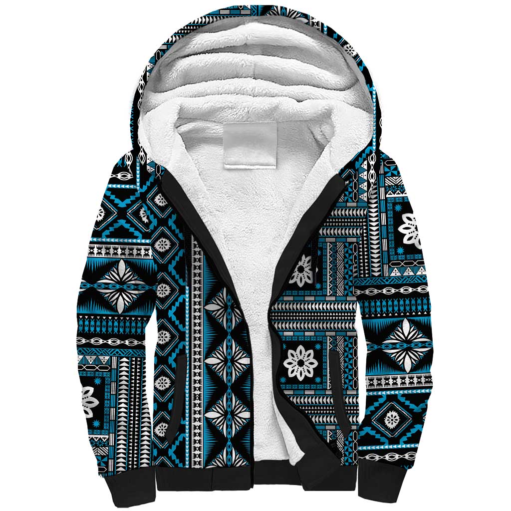Fiji Masi Tapa Pattern Blue Sherpa Hoodie - Polynesian Pride