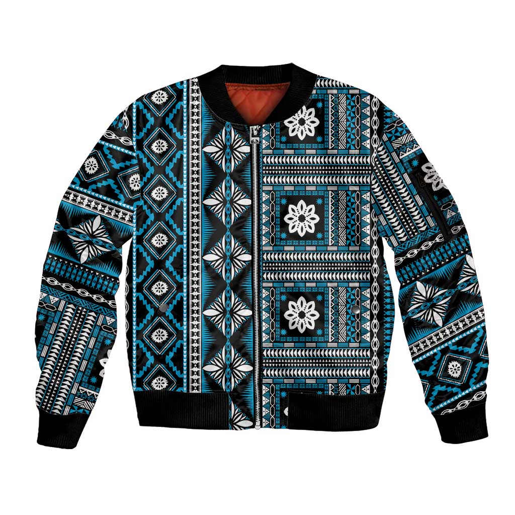 Fiji Masi Tapa Pattern Blue Sleeve Zip Bomber Jacket LT01 Unisex Blue - Polynesian Pride