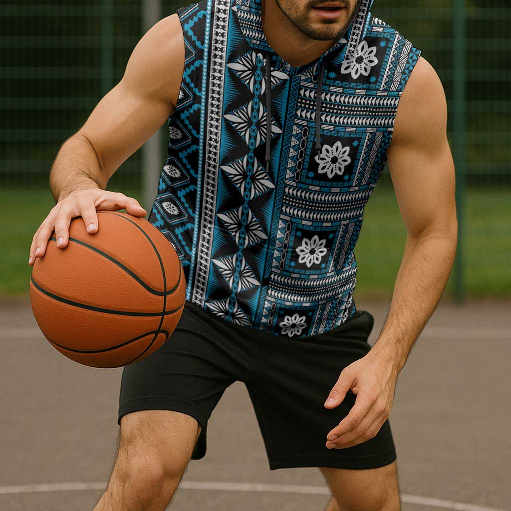 Fiji Masi Tapa Pattern Blue Sleeveless Hoodie - Polynesian Pride