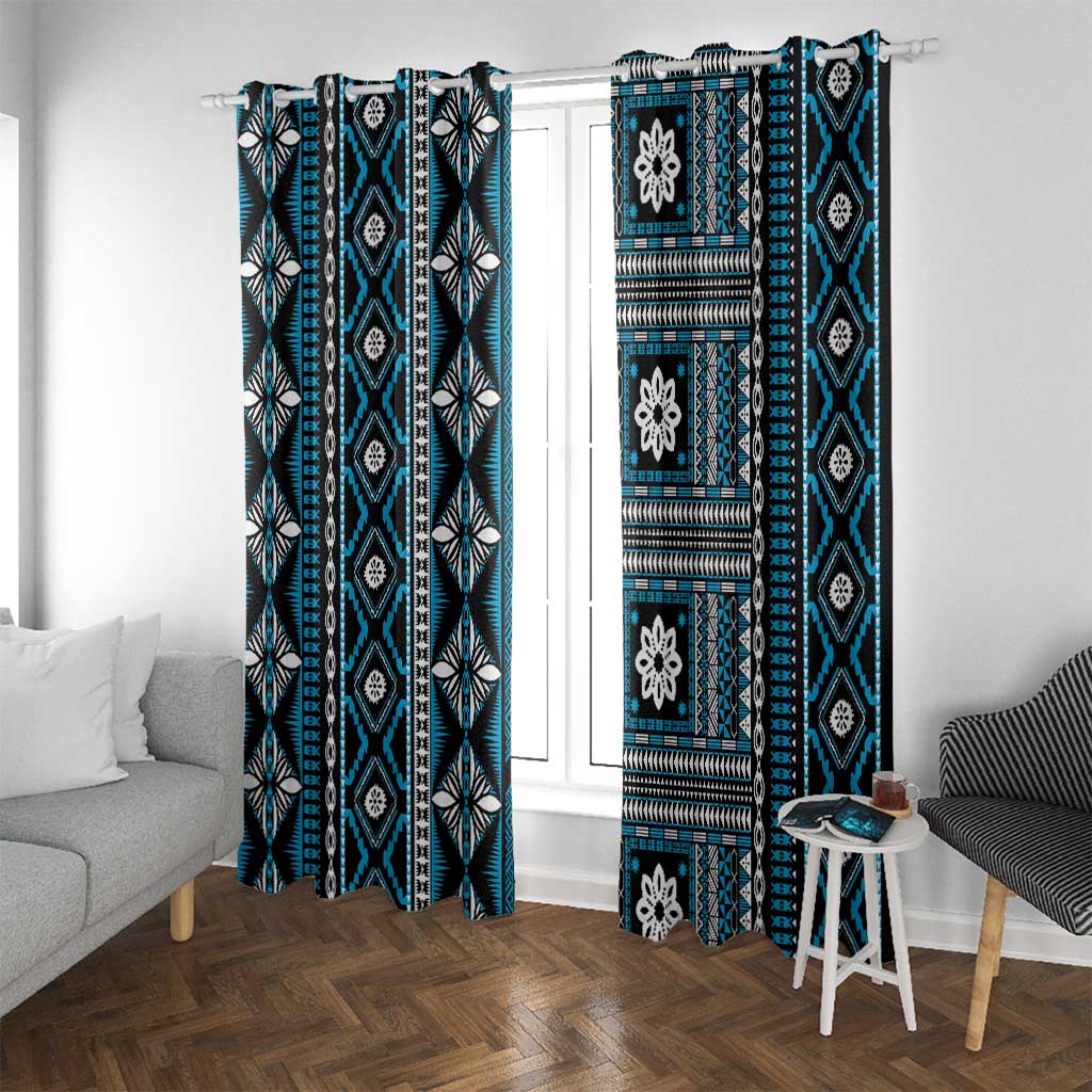 Fiji Masi Tapa Pattern Blue Window Curtain - Polynesian Pride