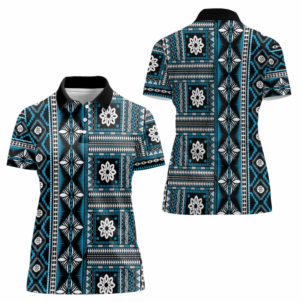Fiji Masi Tapa Pattern Blue Women Polo Shirt - Polynesian Pride