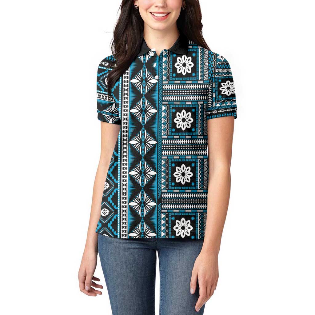 Fiji Masi Tapa Pattern Blue Women Polo Shirt - Polynesian Pride