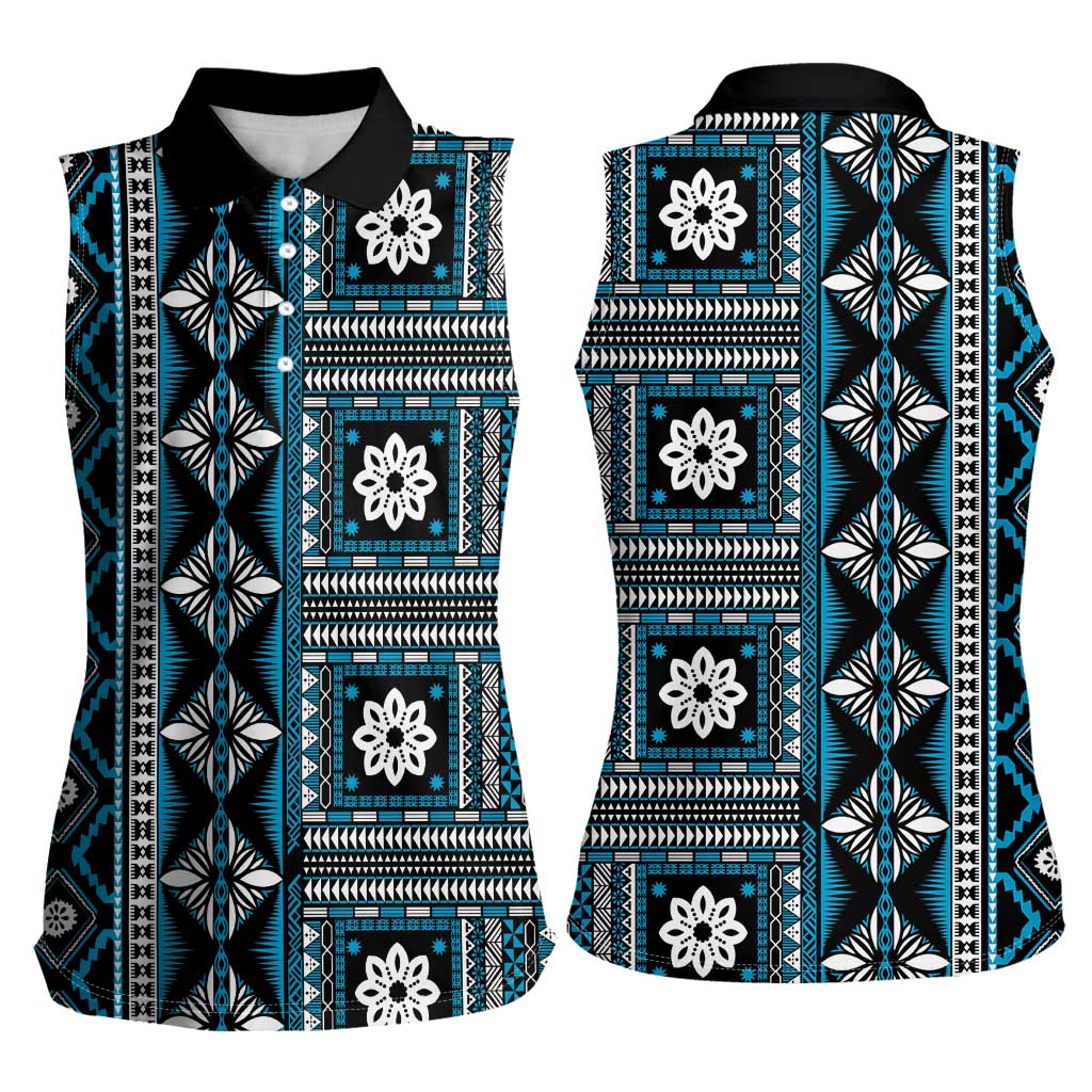 Fiji Masi Tapa Pattern Blue Women Sleeveless Polo Shirt - Polynesian Pride
