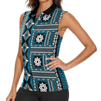 Fiji Masi Tapa Pattern Blue Women Sleeveless Polo Shirt - Polynesian Pride