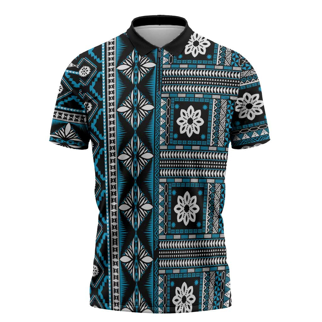 Fiji Masi Tapa Pattern Blue Zipper Polo Shirt - Polynesian Pride