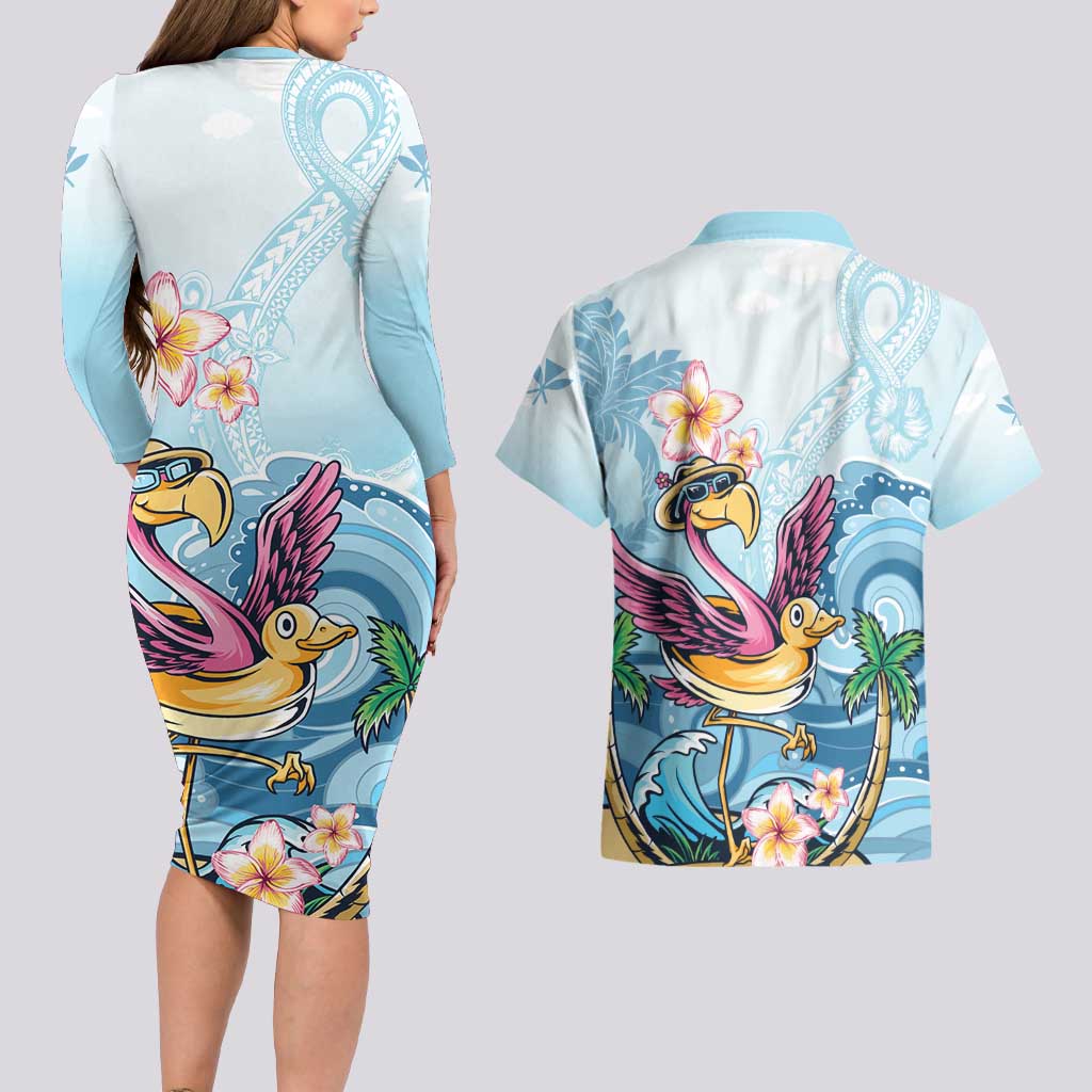 Hawaii Flamingo Couples Matching Long Sleeve Bodycon Dress and Hawaiian Shirt Plumeria Tropical Beach