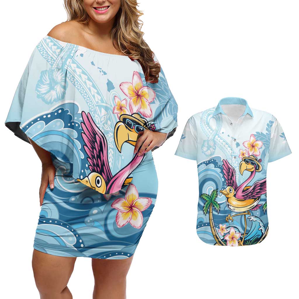 Hawaii Flamingo Couples Matching Off Shoulder Short Dress and Hawaiian Shirt Plumeria Tropical Beach