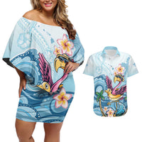 Hawaii Flamingo Couples Matching Off Shoulder Short Dress and Hawaiian Shirt Plumeria Tropical Beach