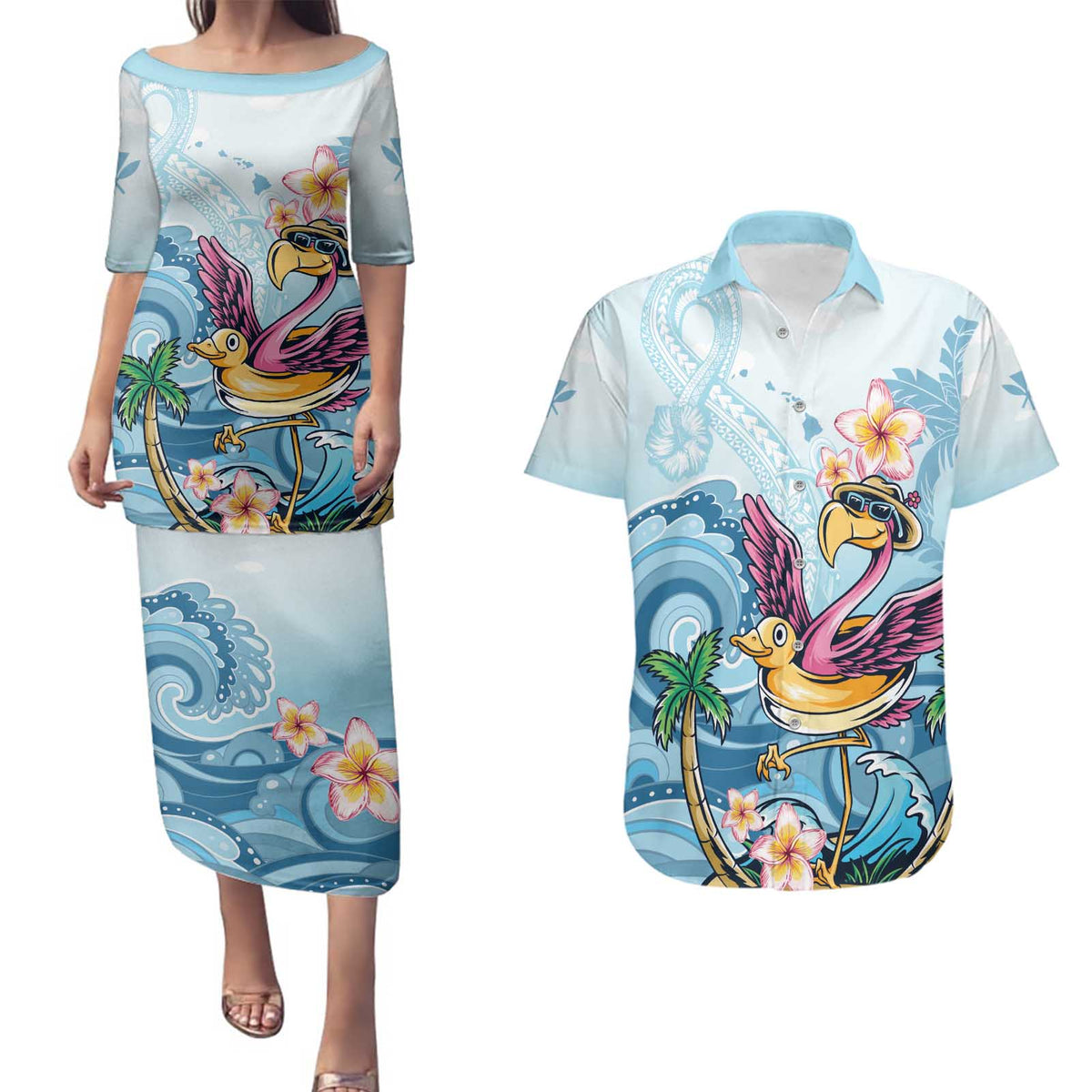 Hawaii Flamingo Couples Matching Puletasi and Hawaiian Shirt Plumeria Tropical Beach