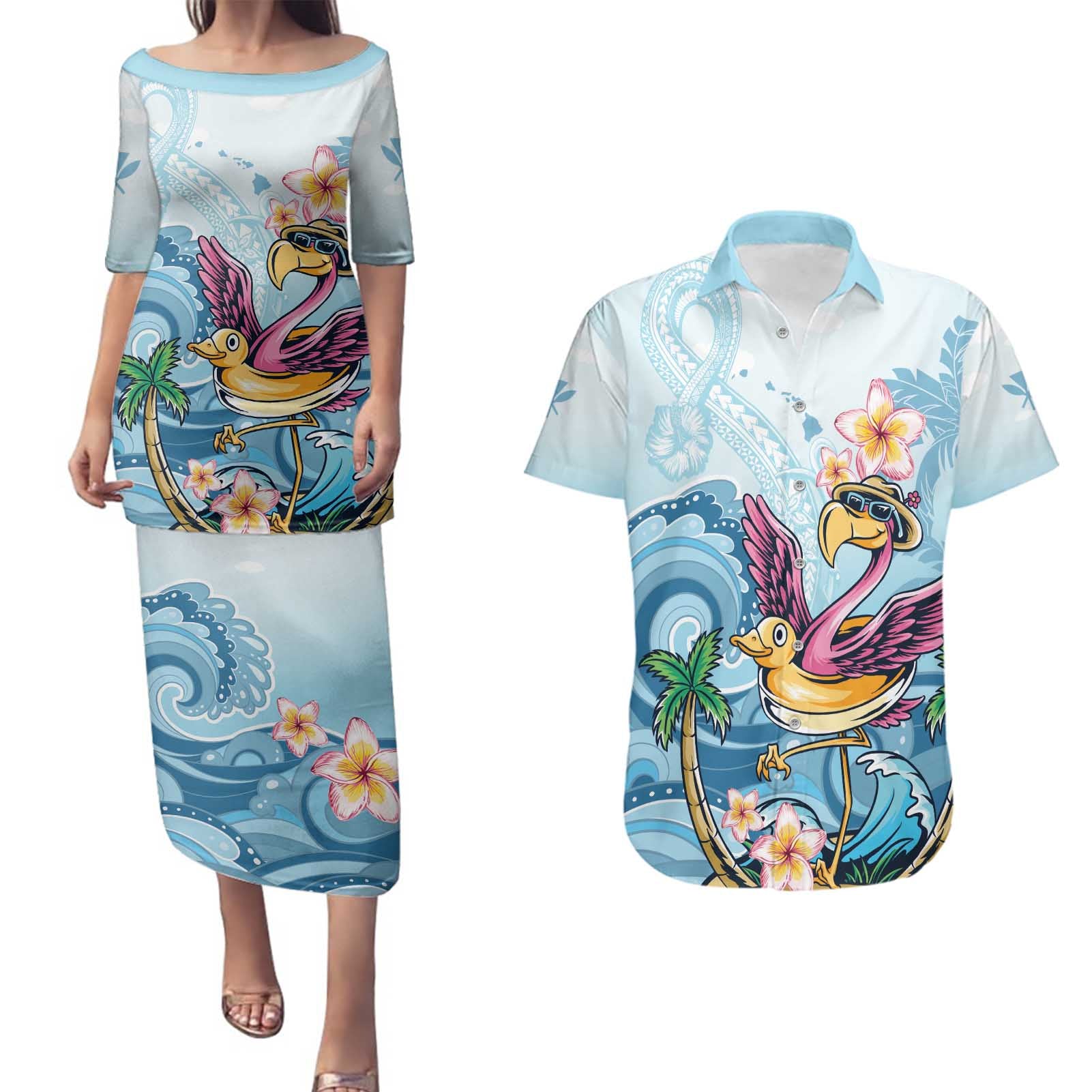 Hawaii Flamingo Couples Matching Puletasi and Hawaiian Shirt Plumeria Tropical Beach