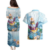Hawaii Flamingo Couples Matching Puletasi and Hawaiian Shirt Plumeria Tropical Beach