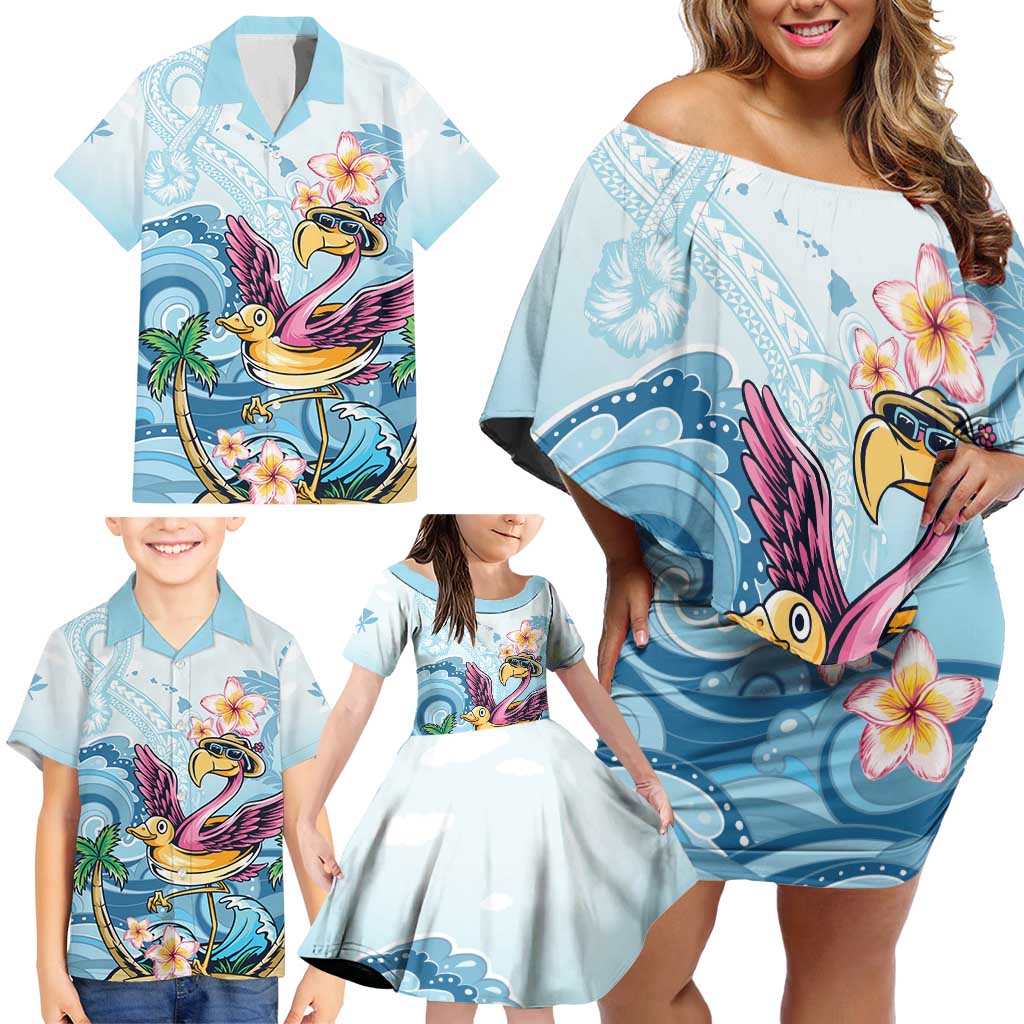 Hawaii Flamingo Family Matching Off Shoulder Short Dress and Hawaiian Shirt Plumeria Tropical Beach