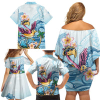 Hawaii Flamingo Family Matching Off Shoulder Short Dress and Hawaiian Shirt Plumeria Tropical Beach