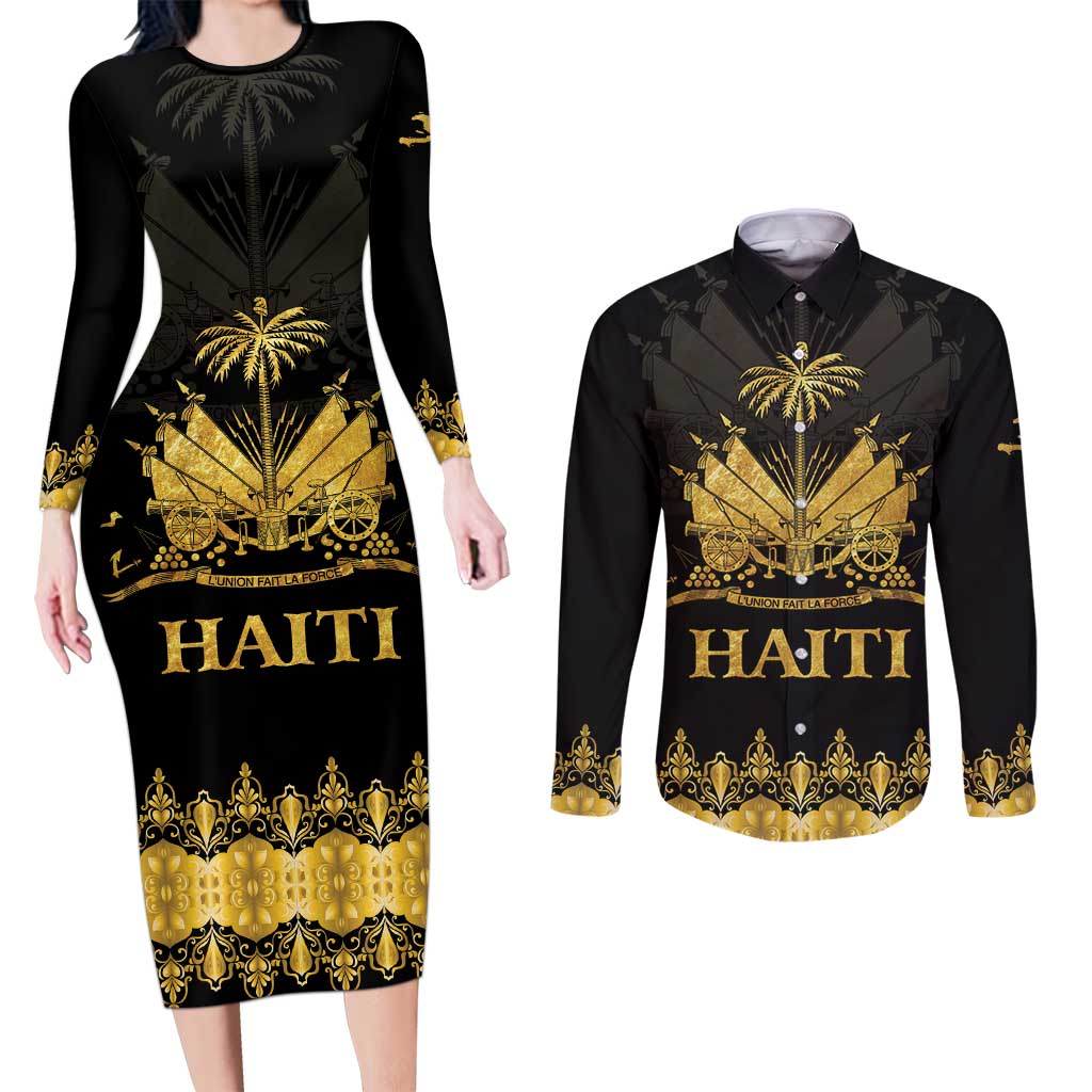 Haiti Neg Marron Gold Couples Matching Long Sleeve Bodycon Dress and Long Sleeve Button Shirt Lespwa pa anyen san aksyon