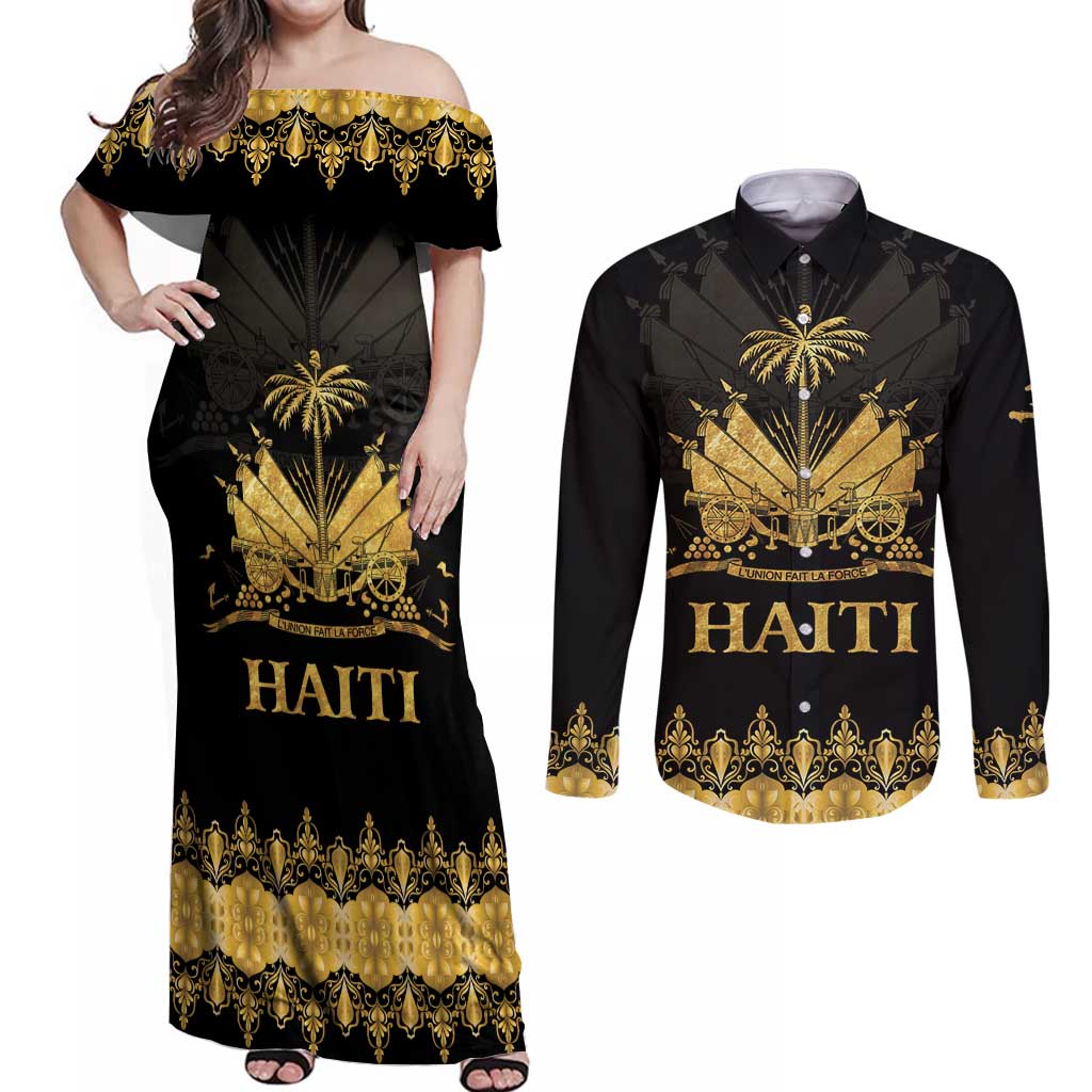 Haiti Neg Marron Gold Couples Matching Off Shoulder Maxi Dress and Long Sleeve Button Shirt Lespwa pa anyen san aksyon
