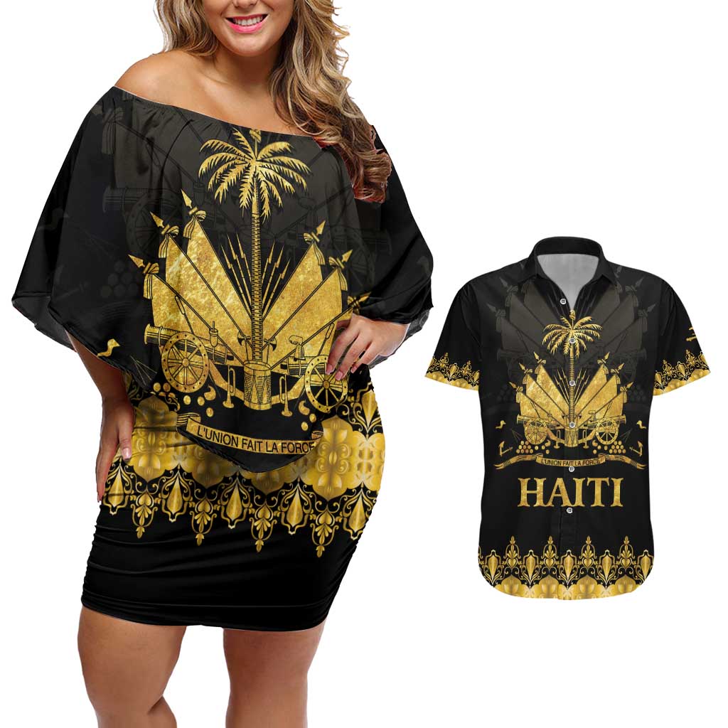 Haiti Neg Marron Gold Couples Matching Off Shoulder Short Dress and Hawaiian Shirt Lespwa pa anyen san aksyon