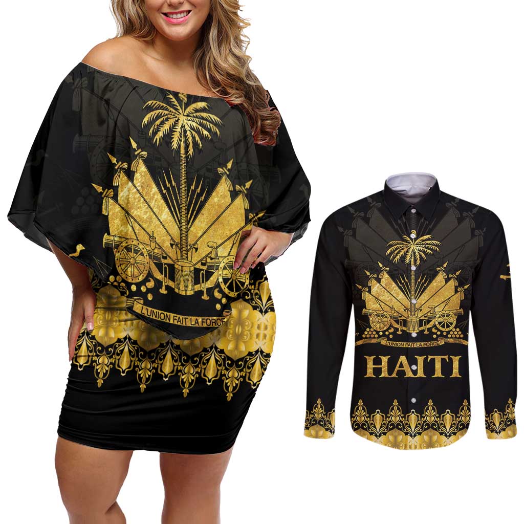 Haiti Neg Marron Gold Couples Matching Off Shoulder Short Dress and Long Sleeve Button Shirt Lespwa pa anyen san aksyon