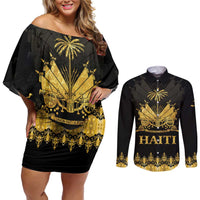 Haiti Neg Marron Gold Couples Matching Off Shoulder Short Dress and Long Sleeve Button Shirt Lespwa pa anyen san aksyon