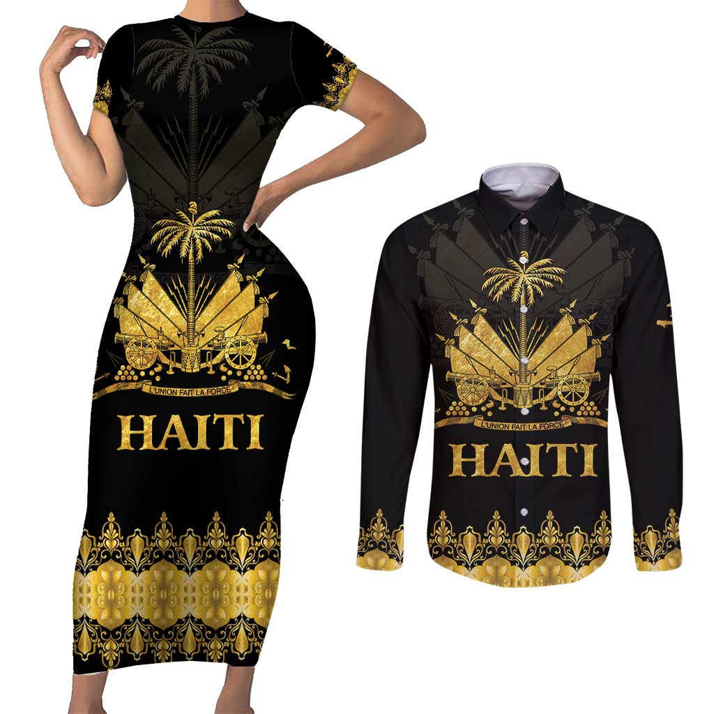 Haiti Neg Marron Gold Couples Matching Short Sleeve Bodycon Dress and Long Sleeve Button Shirt Lespwa pa anyen san aksyon