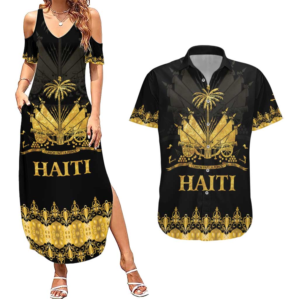Haiti Neg Marron Gold Couples Matching Summer Maxi Dress and Hawaiian Shirt Lespwa pa anyen san aksyon
