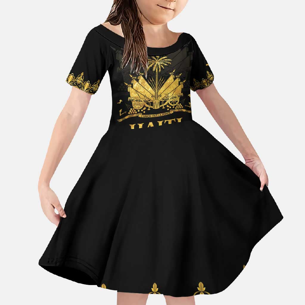 Haiti Neg Marron Gold Family Matching Long Sleeve Bodycon Dress and Hawaiian Shirt Lespwa pa anyen san aksyon LT01 Daughter's Dress Gold - Polynesian Pride
