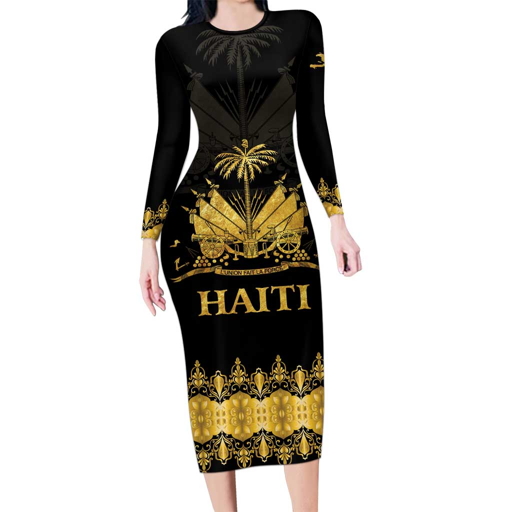 Haiti Neg Marron Gold Family Matching Long Sleeve Bodycon Dress and Hawaiian Shirt Lespwa pa anyen san aksyon LT01 Mom's Dress Gold - Polynesian Pride