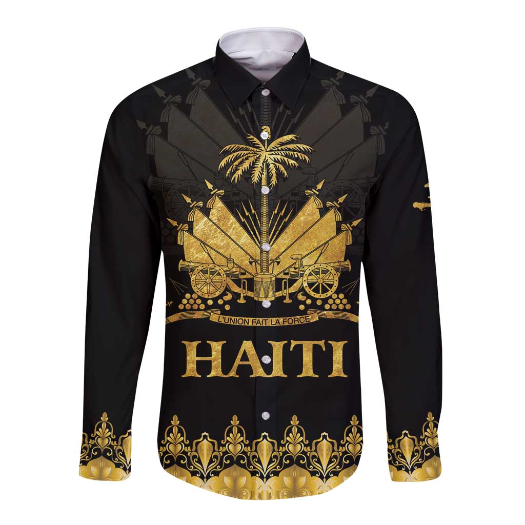 Haiti Neg Marron Gold Long Sleeve Button Shirt Lespwa pa anyen san aksyon