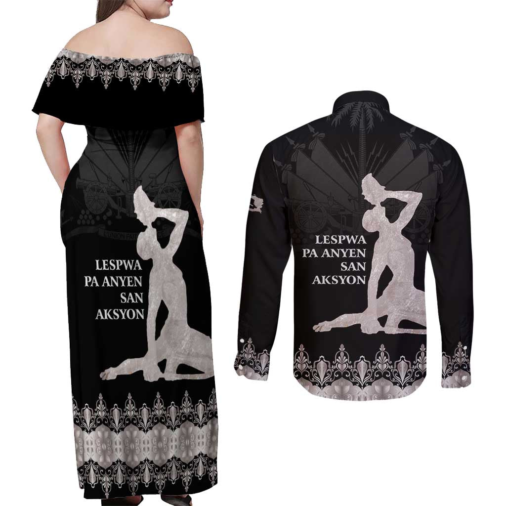 Haiti Neg Marron Silver Couples Matching Off Shoulder Maxi Dress and Long Sleeve Button Shirt Hope is Nothing Without Action