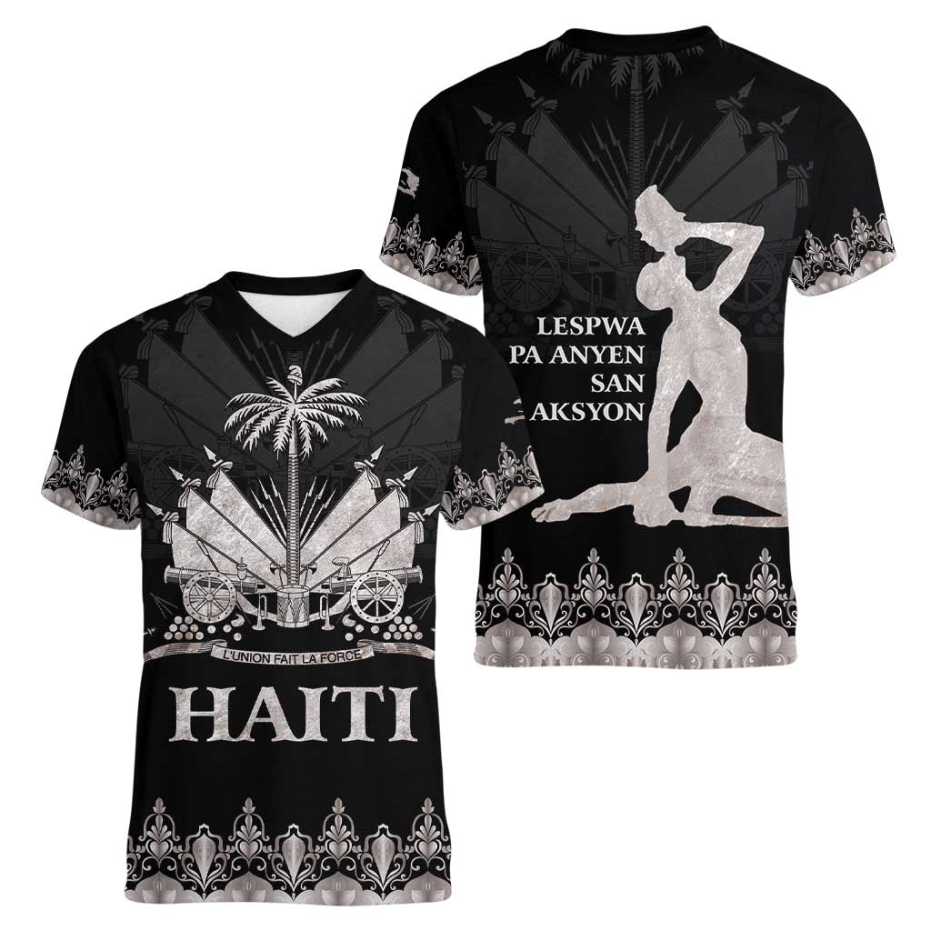 Haiti Neg Marron Silver Women V-Neck T-Shirt Hope is Nothing Without Action