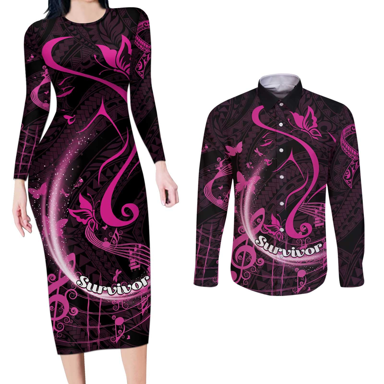 Personalised Survivor Melody Pink Couples Matching Long Sleeve Bodycon Dress and Long Sleeve Button Shirt Breast Cancer Polynesian Pattern LT01 Pink - Polynesian Pride