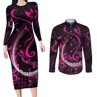 Personalised Survivor Melody Pink Couples Matching Long Sleeve Bodycon Dress and Long Sleeve Button Shirt Breast Cancer Polynesian Pattern LT01 Pink - Polynesian Pride