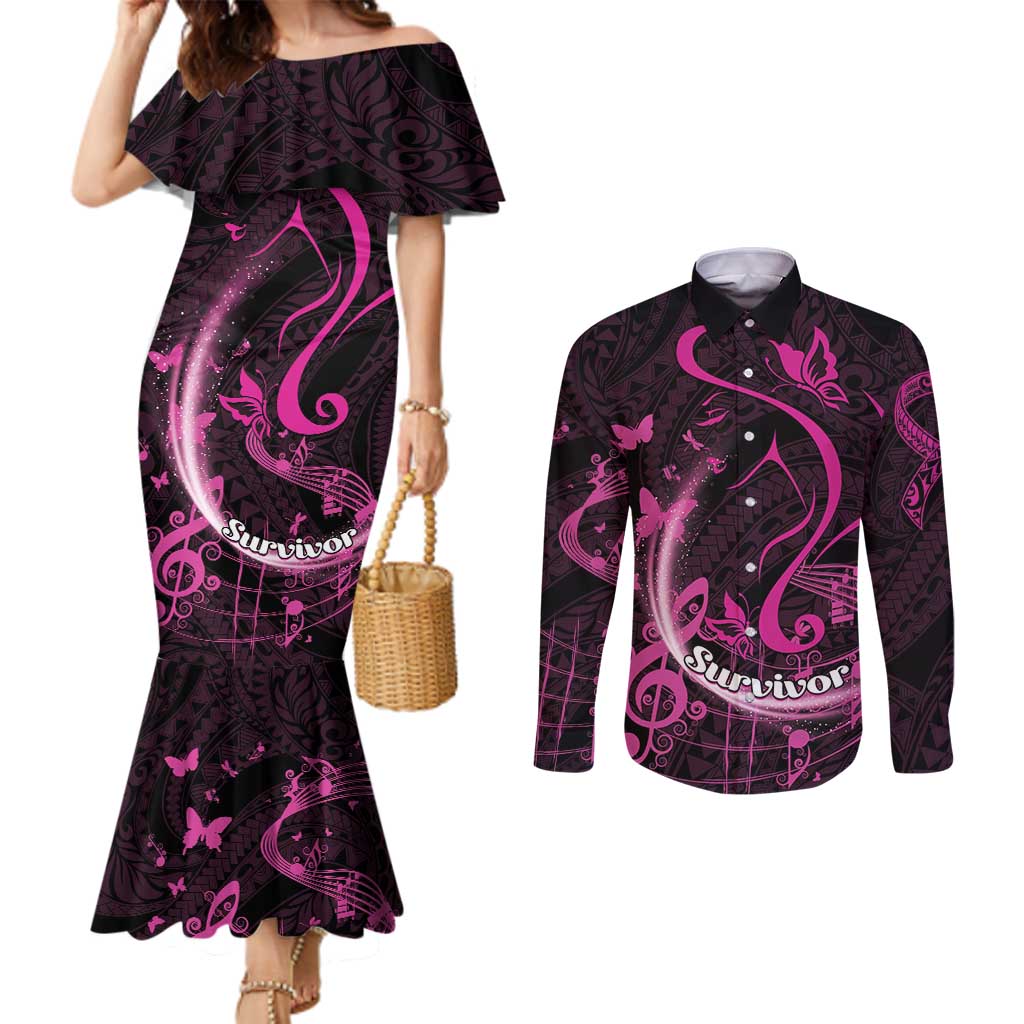 Personalised Survivor Melody Pink Couples Matching Mermaid Dress and Long Sleeve Button Shirt Breast Cancer Polynesian Pattern LT01 Pink - Polynesian Pride
