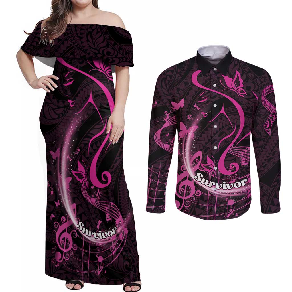 Personalised Survivor Melody Pink Couples Matching Off Shoulder Maxi Dress and Long Sleeve Button Shirt Breast Cancer Polynesian Pattern