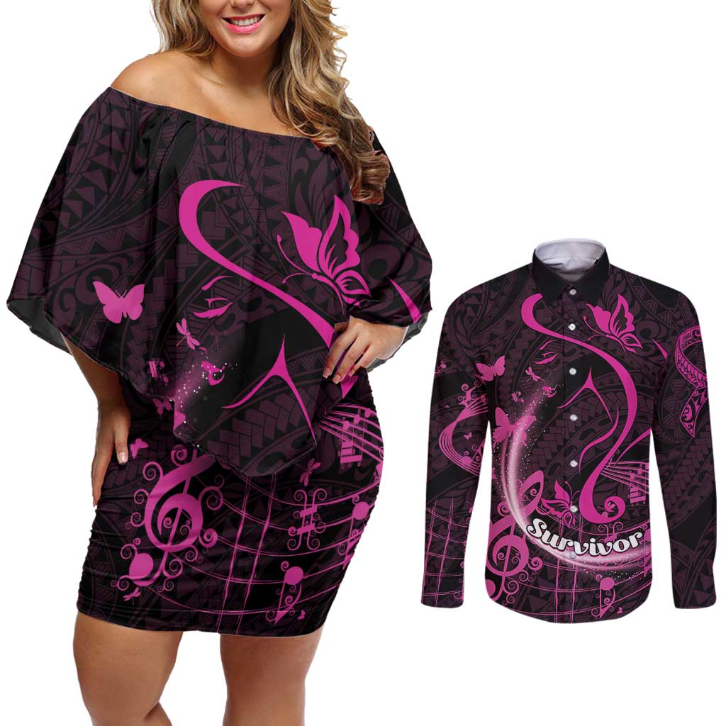 Personalised Survivor Melody Pink Couples Matching Off Shoulder Short Dress and Long Sleeve Button Shirt Breast Cancer Polynesian Pattern LT01 Pink - Polynesian Pride