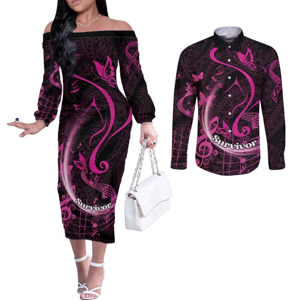 Personalised Survivor Melody Pink Couples Matching Off The Shoulder Long Sleeve Dress and Long Sleeve Button Shirt Breast Cancer Polynesian Pattern LT01 Pink - Polynesian Pride
