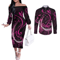 Personalised Survivor Melody Pink Couples Matching Off The Shoulder Long Sleeve Dress and Long Sleeve Button Shirt Breast Cancer Polynesian Pattern LT01 Pink - Polynesian Pride