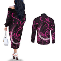 Personalised Survivor Melody Pink Couples Matching Off The Shoulder Long Sleeve Dress and Long Sleeve Button Shirt Breast Cancer Polynesian Pattern LT01 - Polynesian Pride