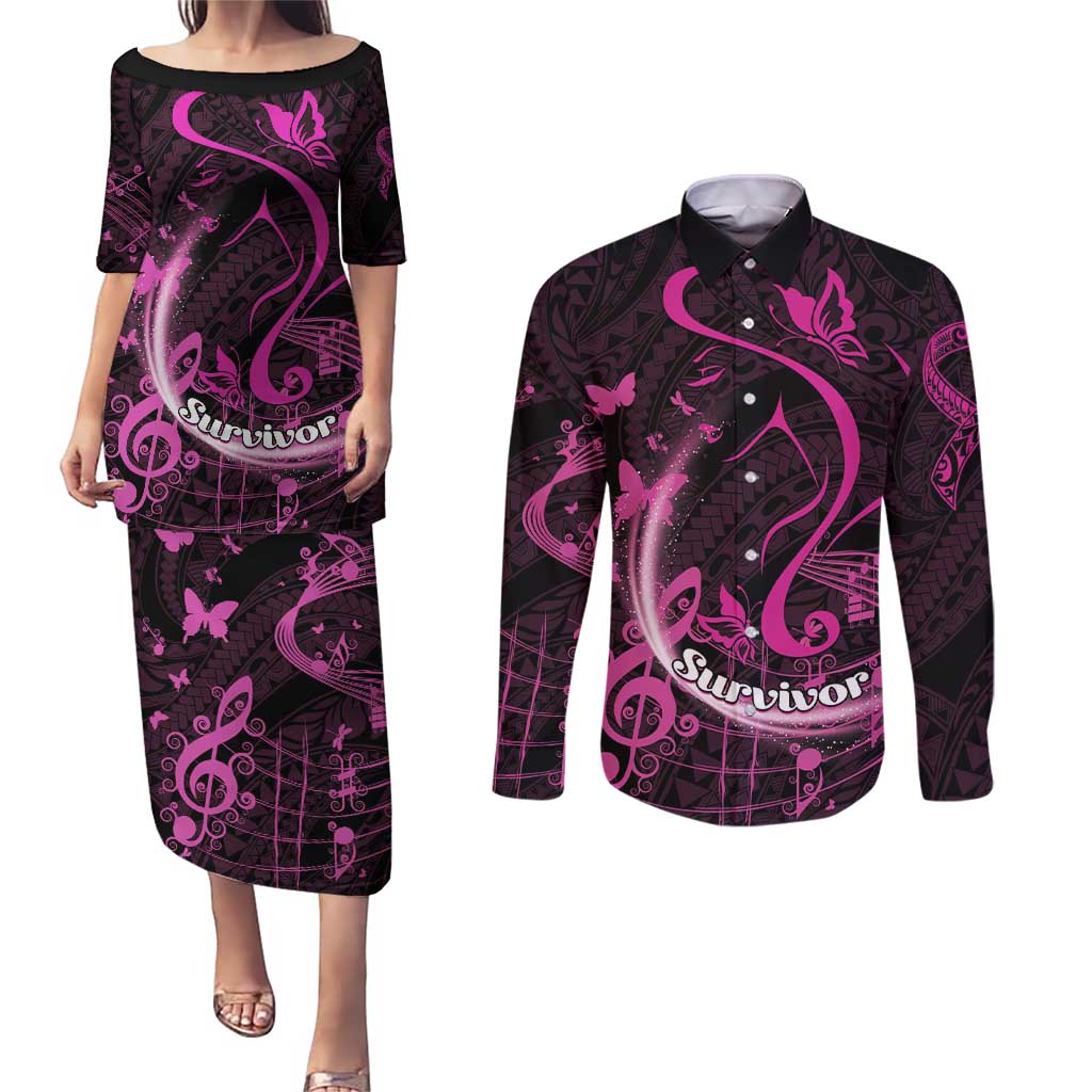 Personalised Survivor Melody Pink Couples Matching Puletasi and Long Sleeve Button Shirt Breast Cancer Polynesian Pattern