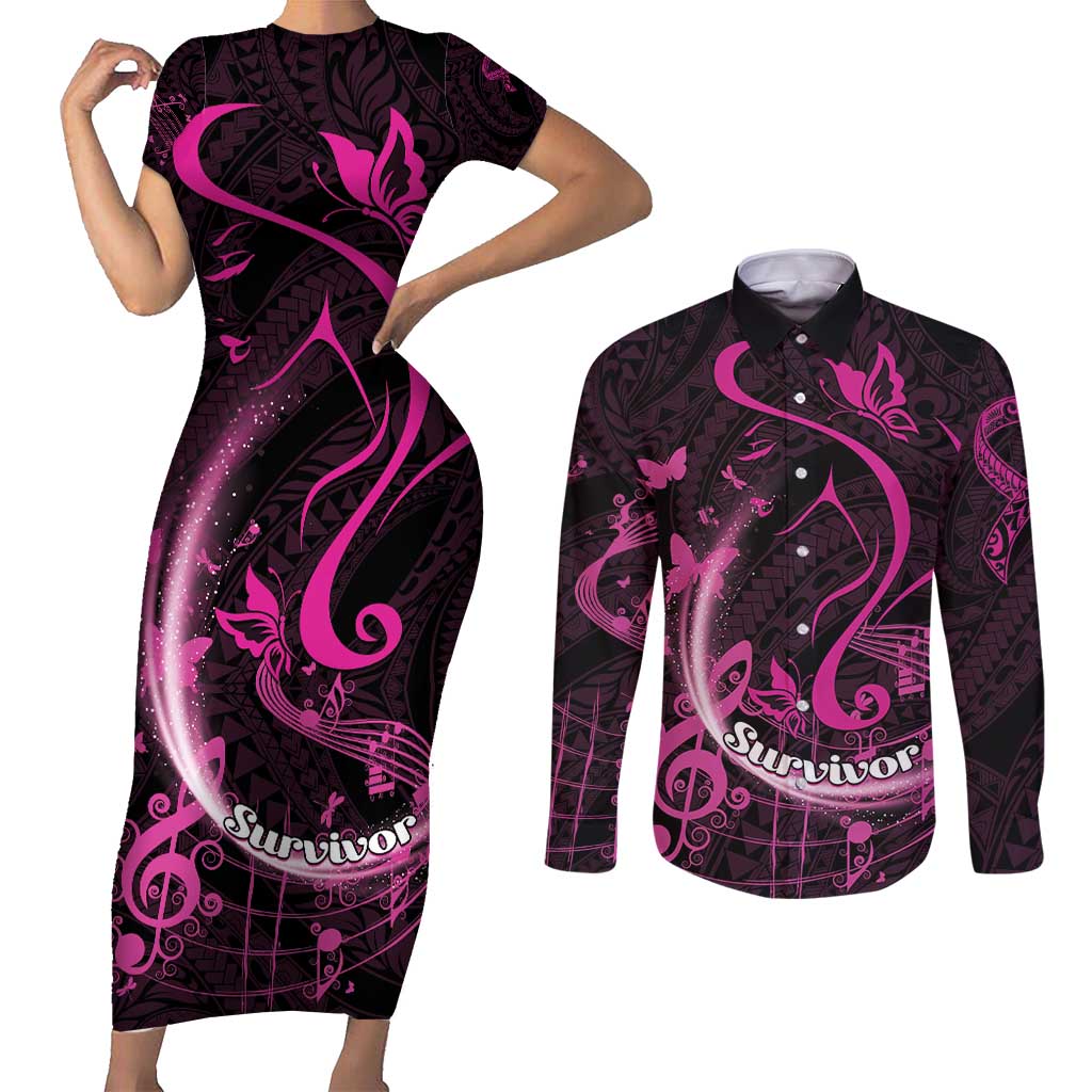 Personalised Survivor Melody Pink Couples Matching Short Sleeve Bodycon Dress and Long Sleeve Button Shirt Breast Cancer Polynesian Pattern LT01 Pink - Polynesian Pride