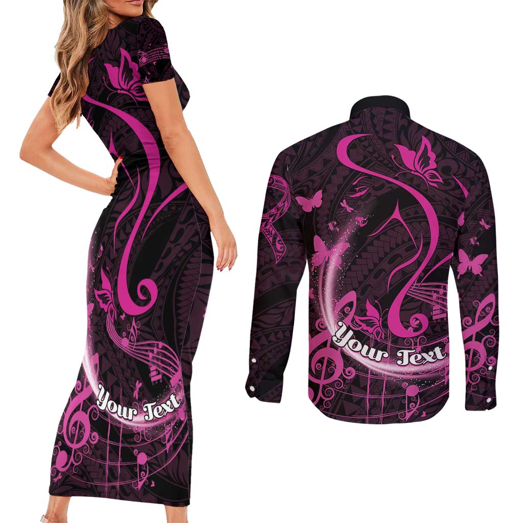 Personalised Survivor Melody Pink Couples Matching Short Sleeve Bodycon Dress and Long Sleeve Button Shirt Breast Cancer Polynesian Pattern LT01 - Polynesian Pride