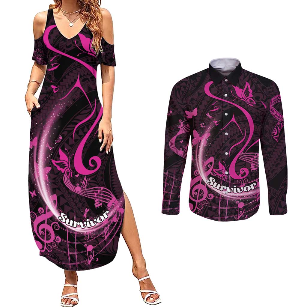 Personalised Survivor Melody Pink Couples Matching Summer Maxi Dress and Long Sleeve Button Shirt Breast Cancer Polynesian Pattern LT01 Pink - Polynesian Pride