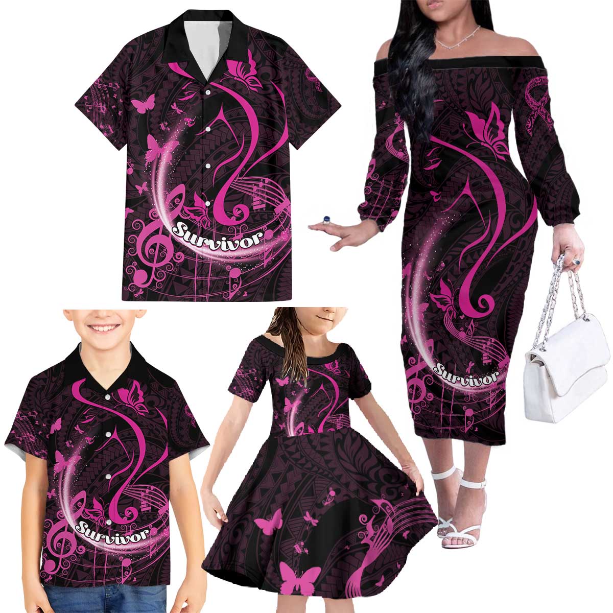 Personalised Survivor Melody Pink Family Matching Off The Shoulder Long Sleeve Dress and Hawaiian Shirt Breast Cancer Polynesian Pattern