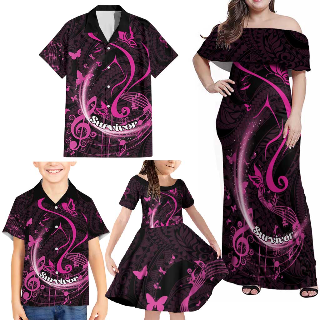 Personalised Survivor Melody Pink Family Matching Off Shoulder Maxi Dress and Hawaiian Shirt Breast Cancer Polynesian Pattern LT01 - Polynesian Pride