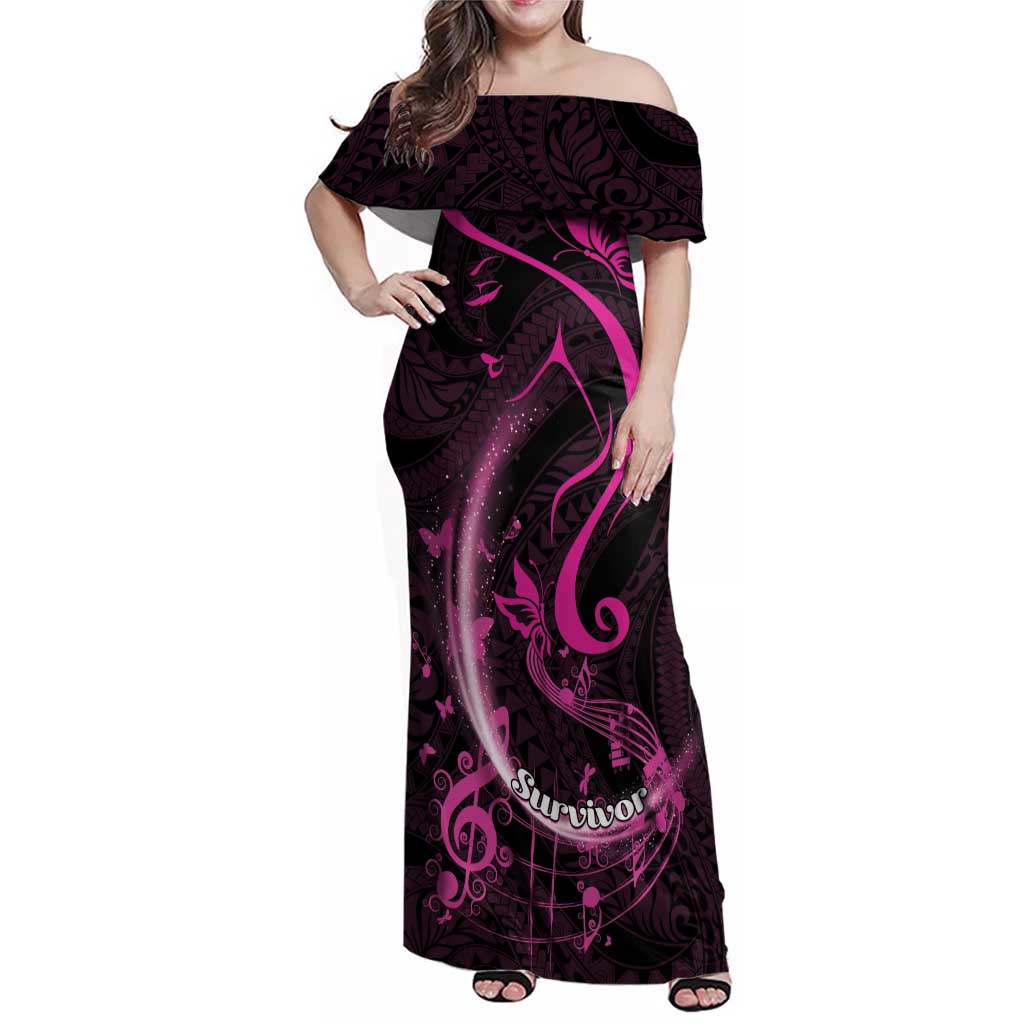 Personalised Survivor Melody Pink Family Matching Off Shoulder Maxi Dress and Hawaiian Shirt Breast Cancer Polynesian Pattern LT01 Mom's Dress Pink - Polynesian Pride